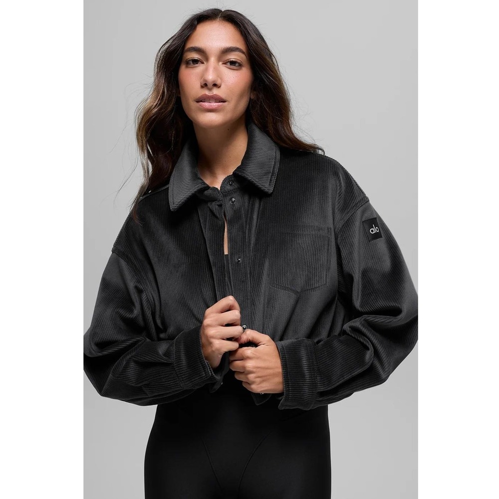 Alo Yoga Womens Corduroy Oversized Shirt Jacket Black Snap Front Shacket Logo